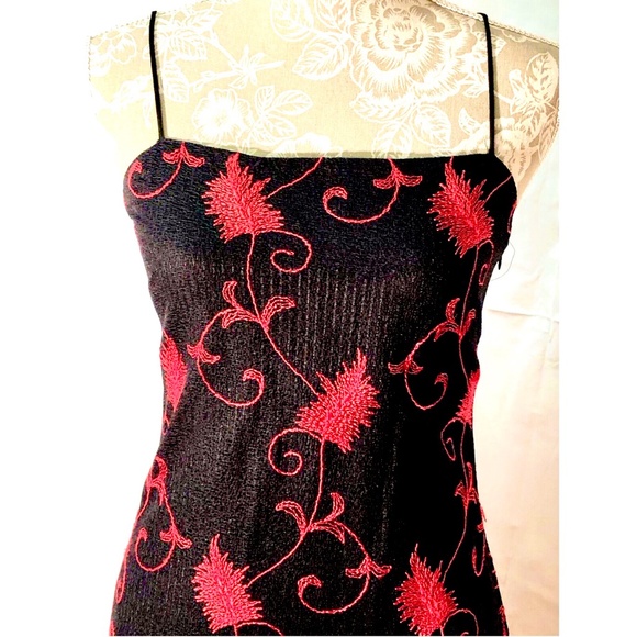 Y2K Francesca Caretti Black Red Floral Embroidered A-Line Midi Cocktail Dress~4~ - Picture 6 of 12
